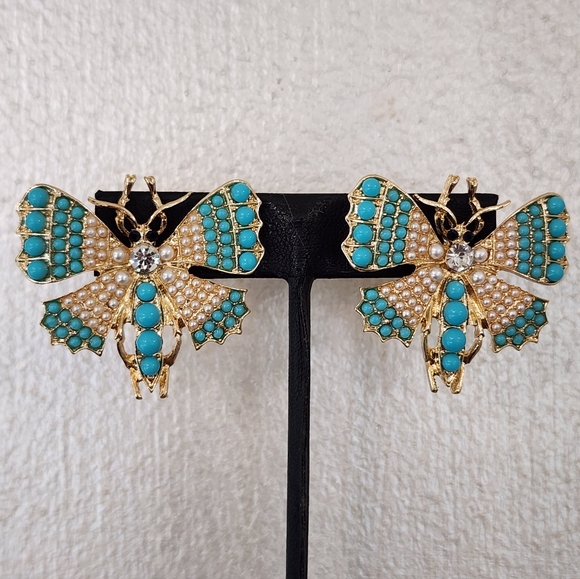 Source Unknown Jewelry - Turquoise and Gold Butterfly Statement Earrings with Pearl Accents